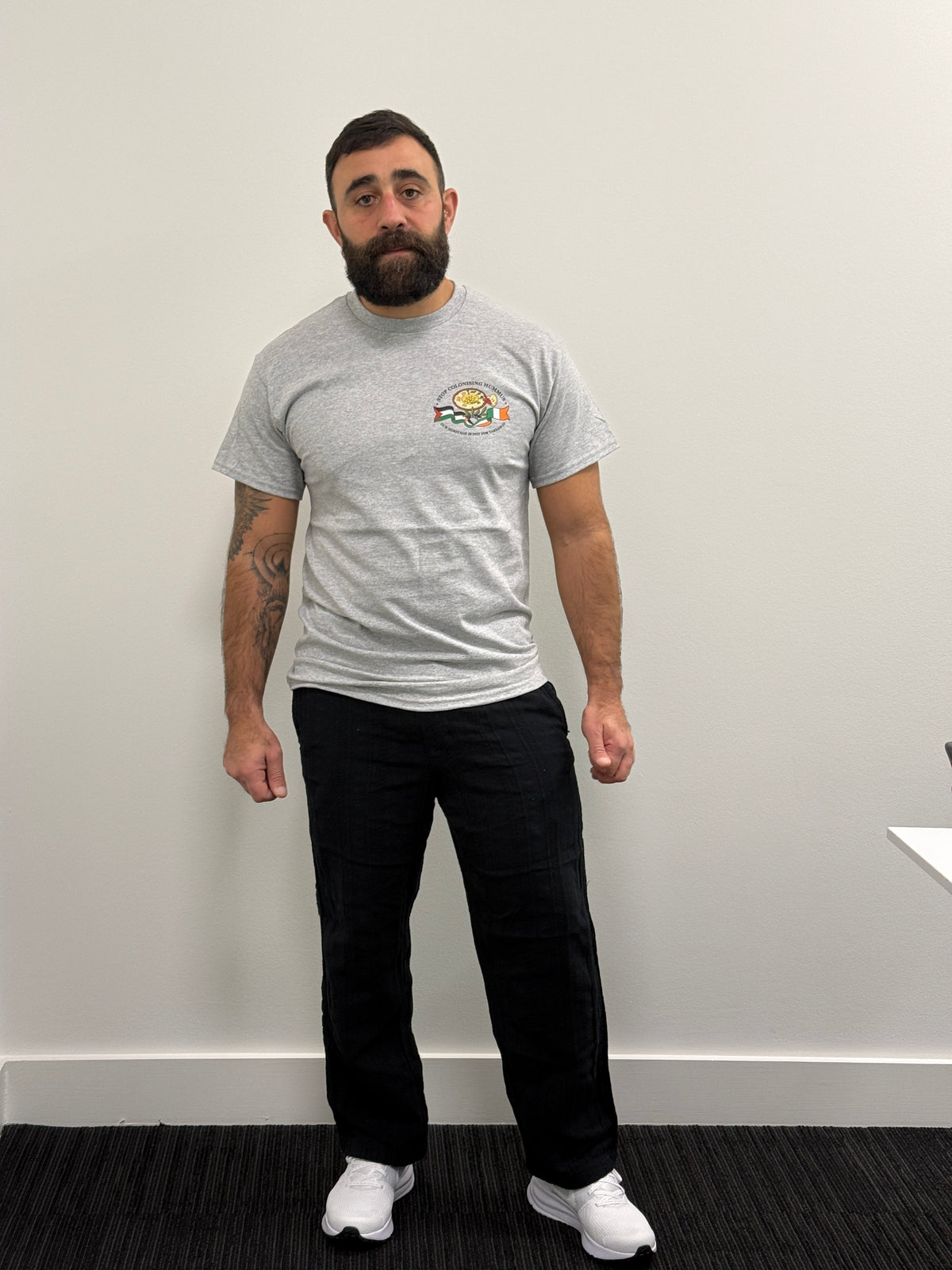 "Stop Colonising Hummus" T-Shirt | Heritage Not For Takeaway | Navy & Gray