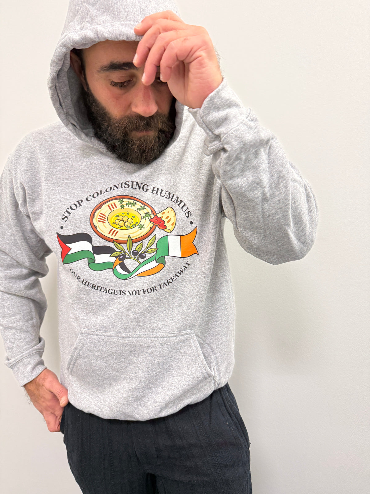 "Stop Colonising Hummus" Hoodie | Heritage Not For Takeaway | Green & Gray