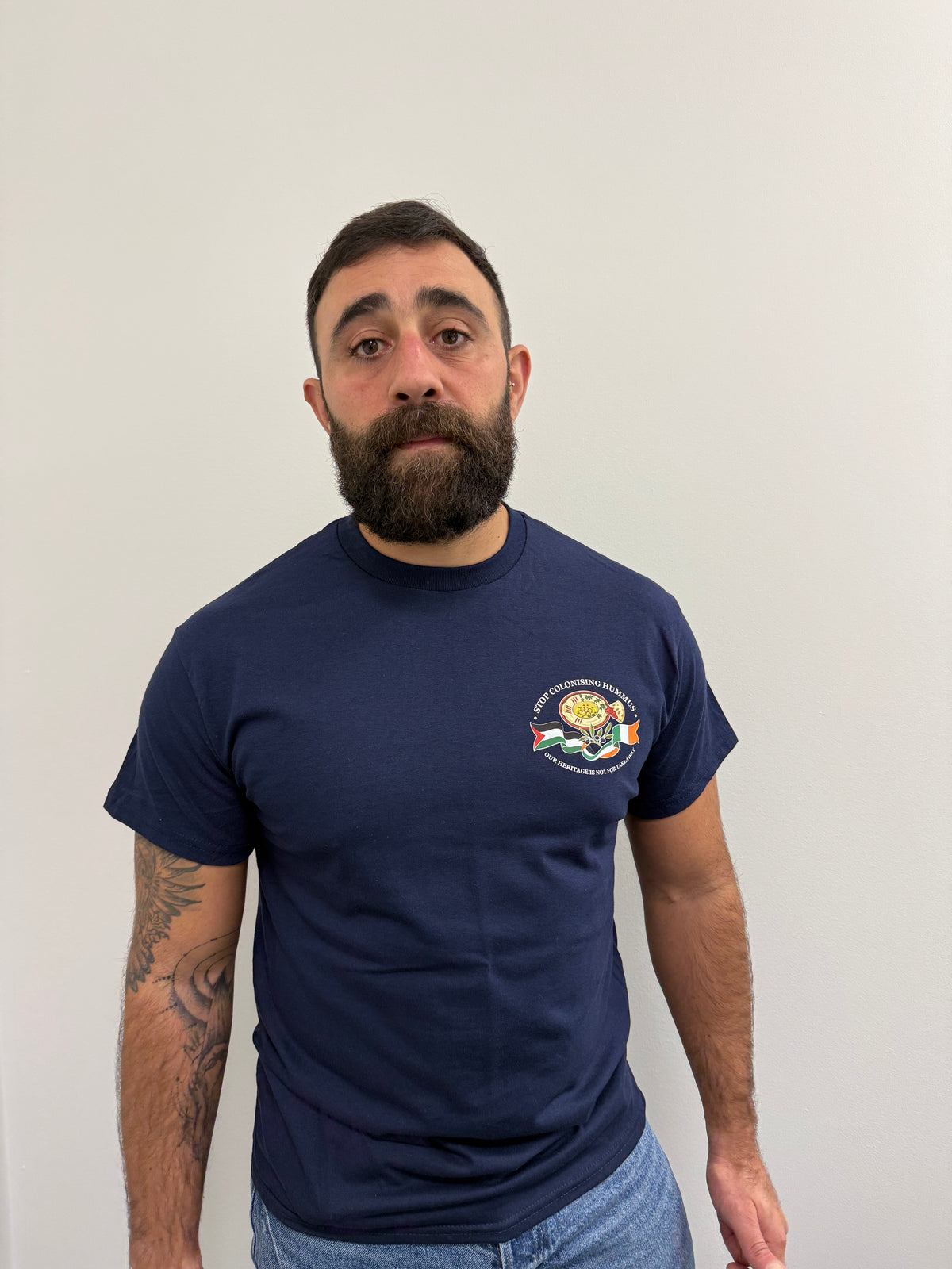 "Stop Colonising Hummus" T-Shirt | Heritage Not For Takeaway | Navy & Gray