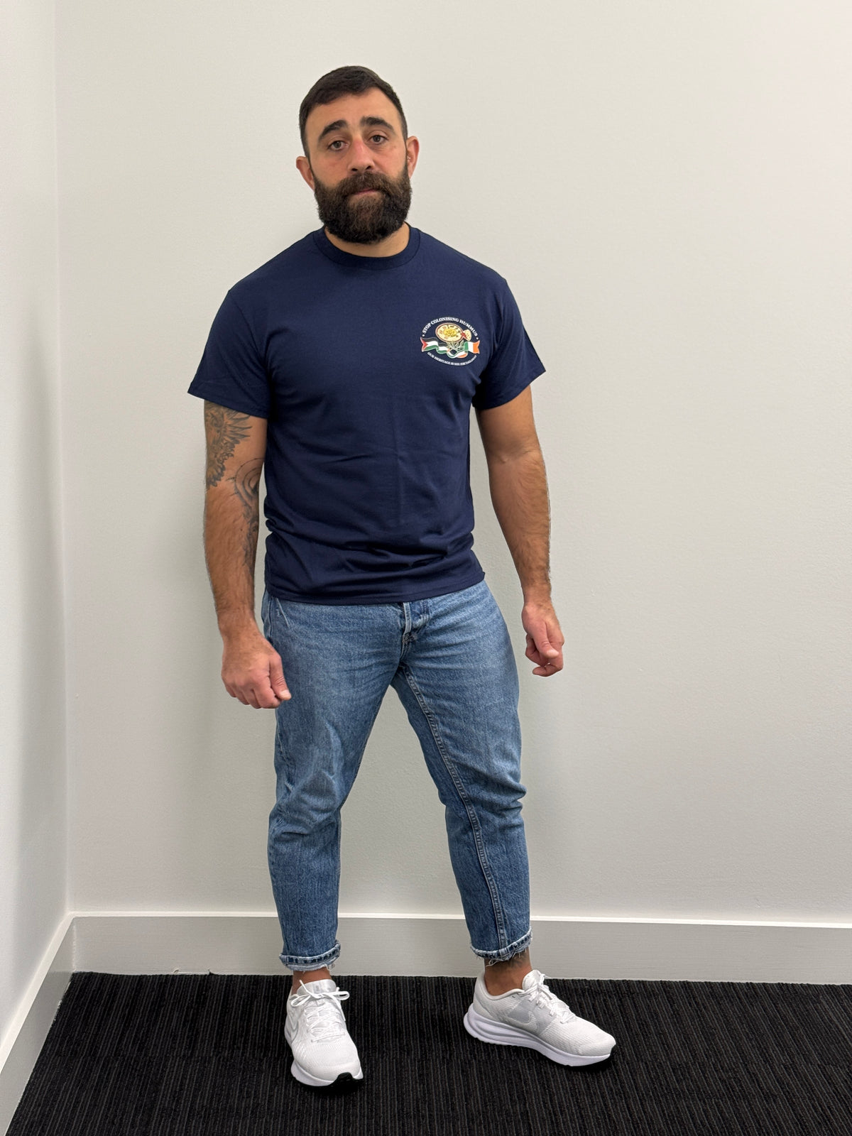 "Stop Colonising Hummus" T-Shirt | Heritage Not For Takeaway | Navy & Gray