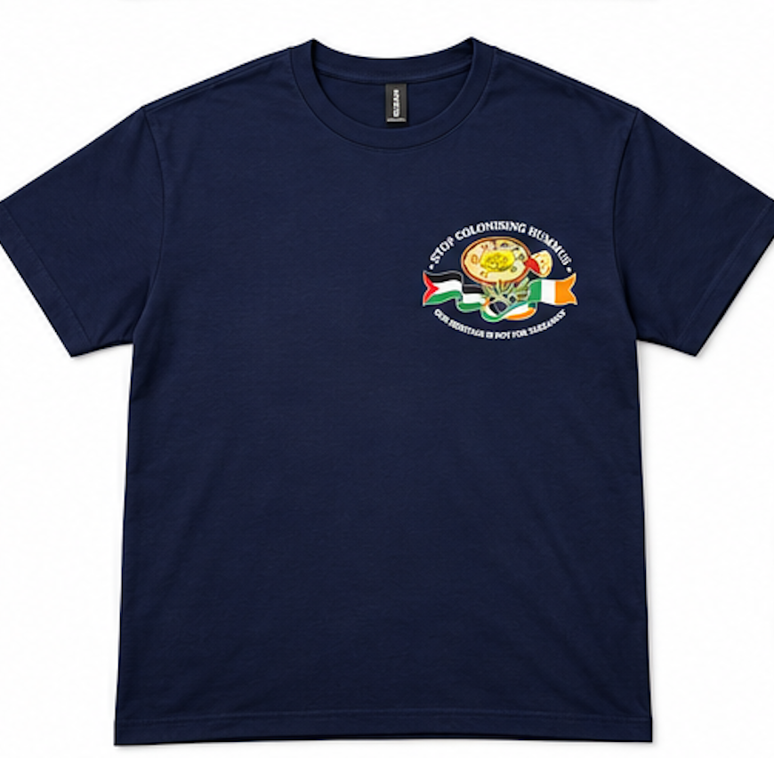 "Stop Colonising Hummus" T-Shirt | Heritage Not For Takeaway | Navy & Gray