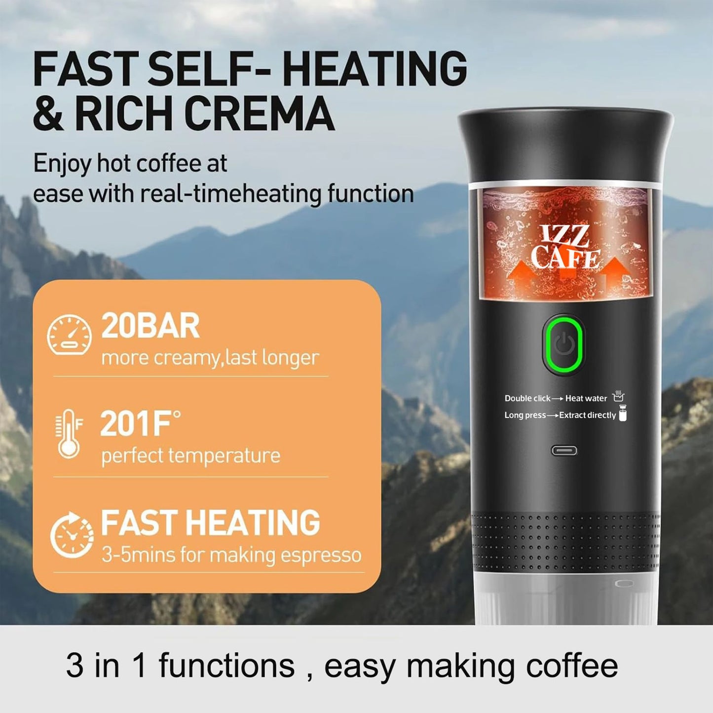 Izz Café Izzpresso Maker | Portable 20 - Bar Espresso Machine – Waterproof, Fast Heating, & Works with Cold/Hot Water – Perfect for Travel, Camping, & Daily Use - Izz Cafe