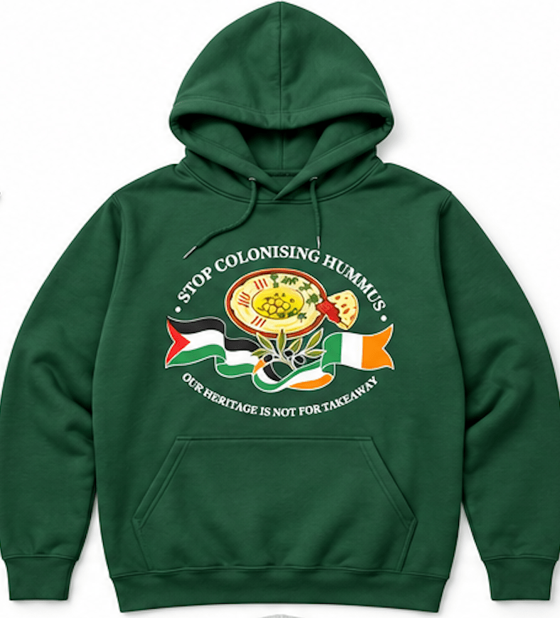 "Stop Colonising Hummus" Hoodie | Heritage Not For Takeaway | Green & Gray - Izz Cafe
