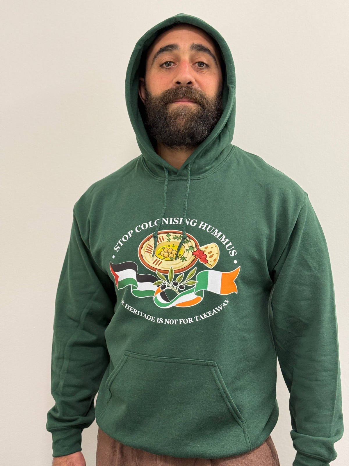 "Stop Colonising Hummus" Hoodie | Heritage Not For Takeaway | Green & Gray - Izz Cafe