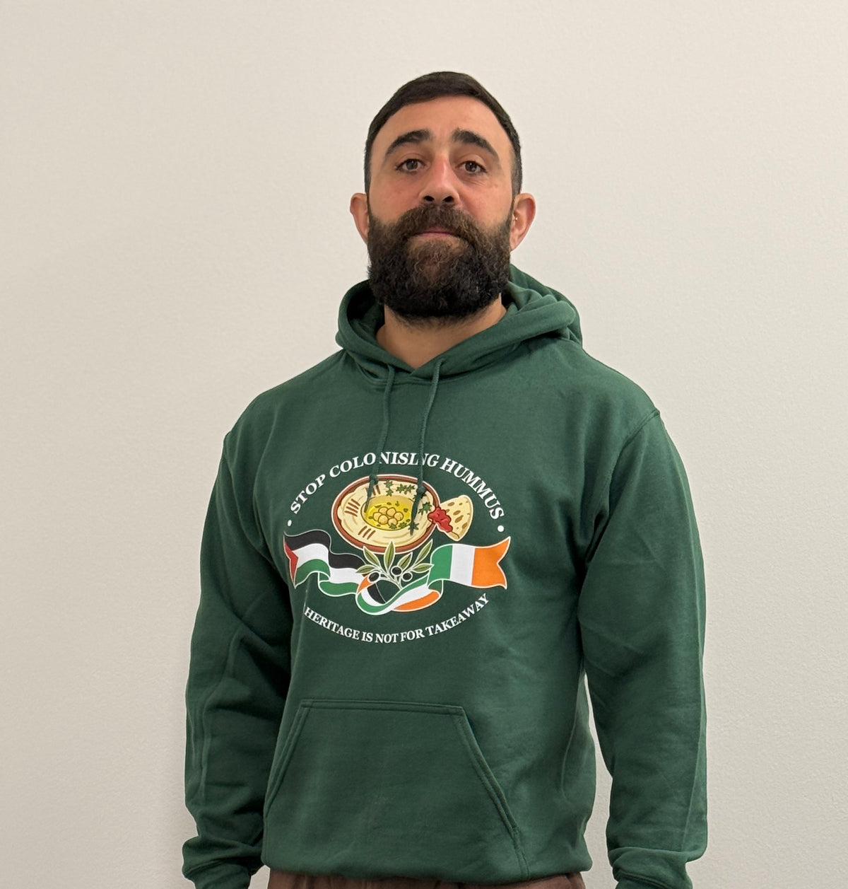 "Stop Colonising Hummus" Hoodie | Heritage Not For Takeaway | Green & Gray