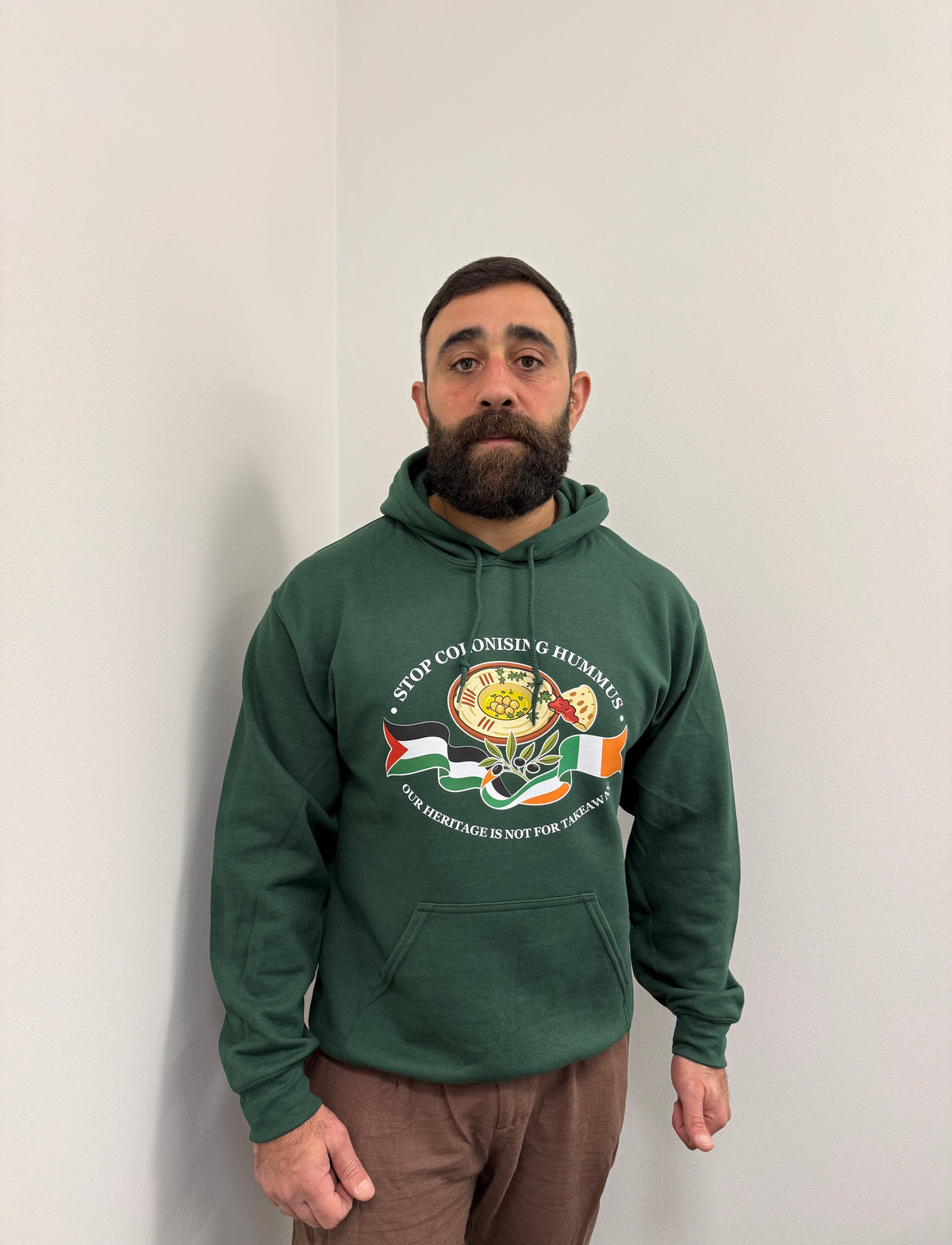 "Stop Colonising Hummus" Hoodie | Heritage Not For Takeaway | Green & Gray