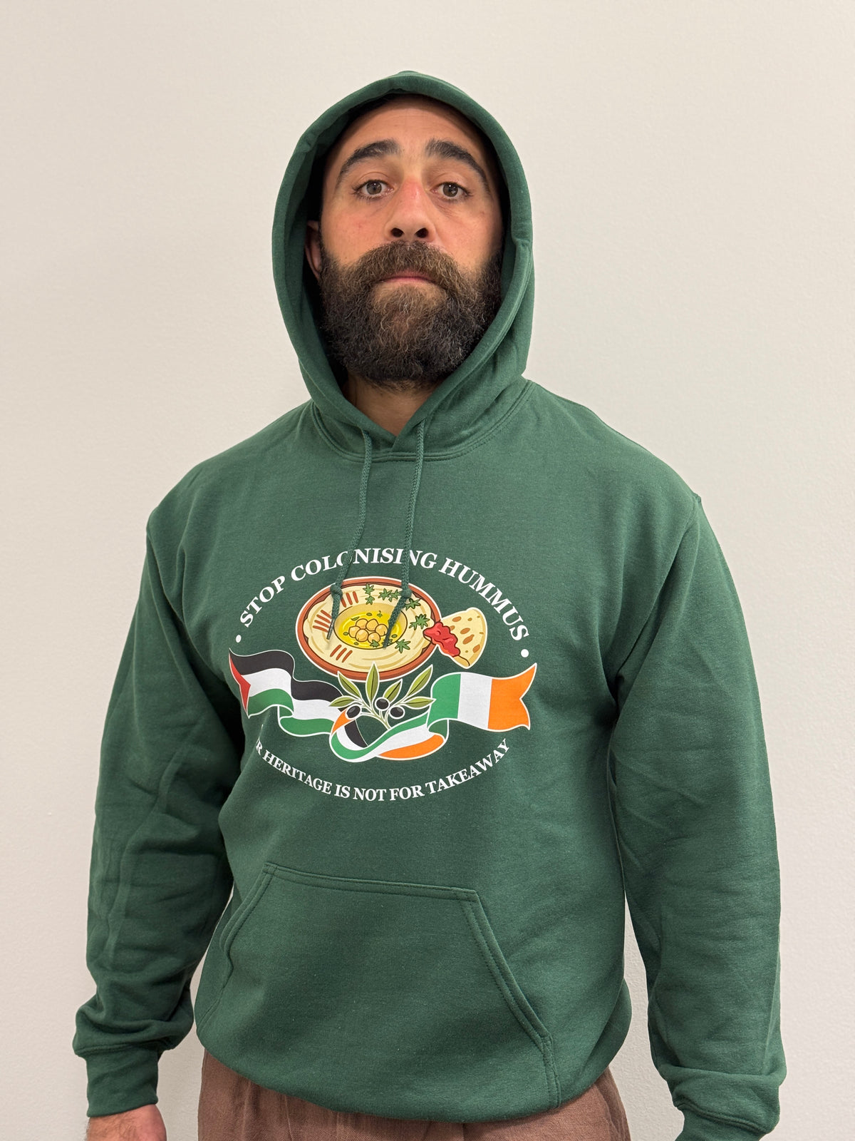 "Stop Colonising Hummus" Hoodie | Heritage Not For Takeaway | Green & Gray