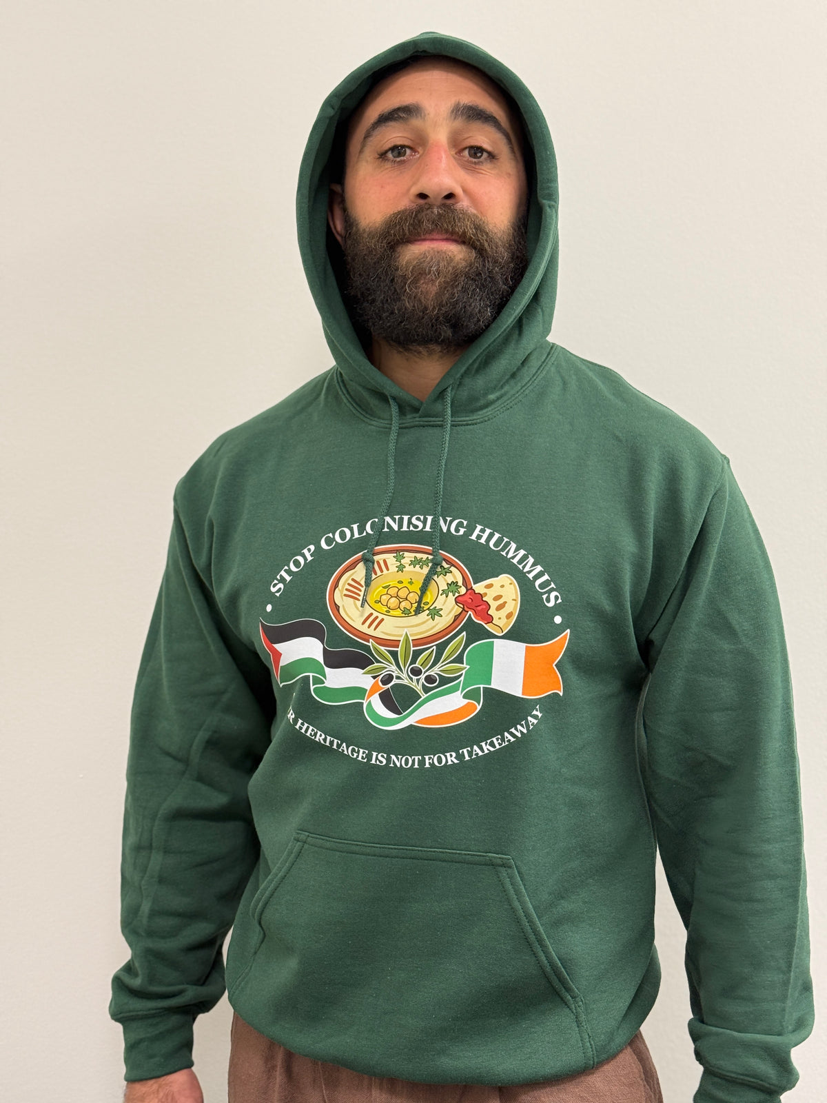 "Stop Colonising Hummus" Hoodie | Heritage Not For Takeaway | Green & Gray