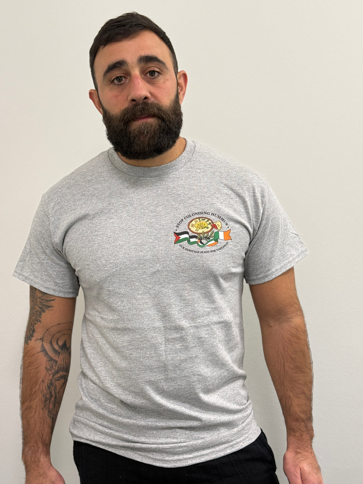 "Stop Colonising Hummus" T-Shirt | Heritage Not For Takeaway | Navy & Gray