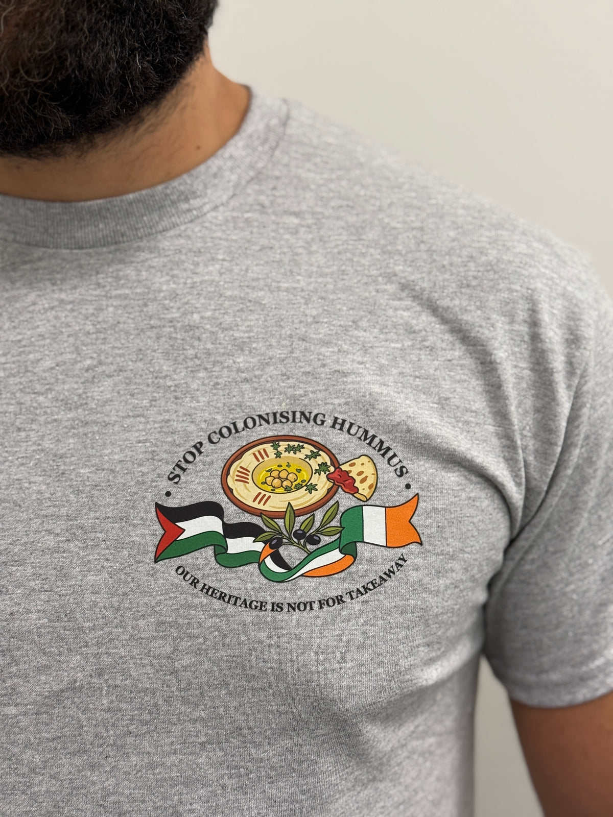 "Stop Colonising Hummus" T-Shirt | Heritage Not For Takeaway | Navy & Gray