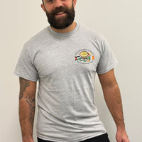 "Stop Colonising Hummus" T-Shirt | Heritage Not For Takeaway | Navy & Gray