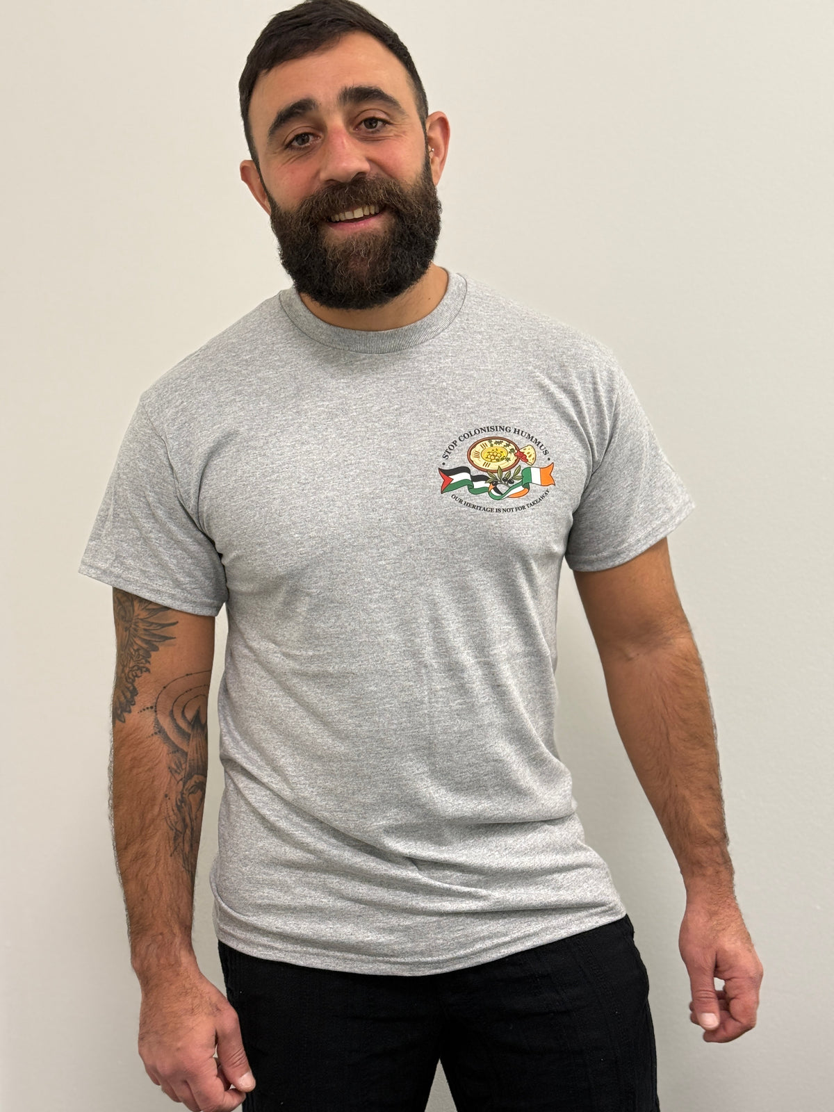"Stop Colonising Hummus" T-Shirt | Heritage Not For Takeaway | Navy & Gray