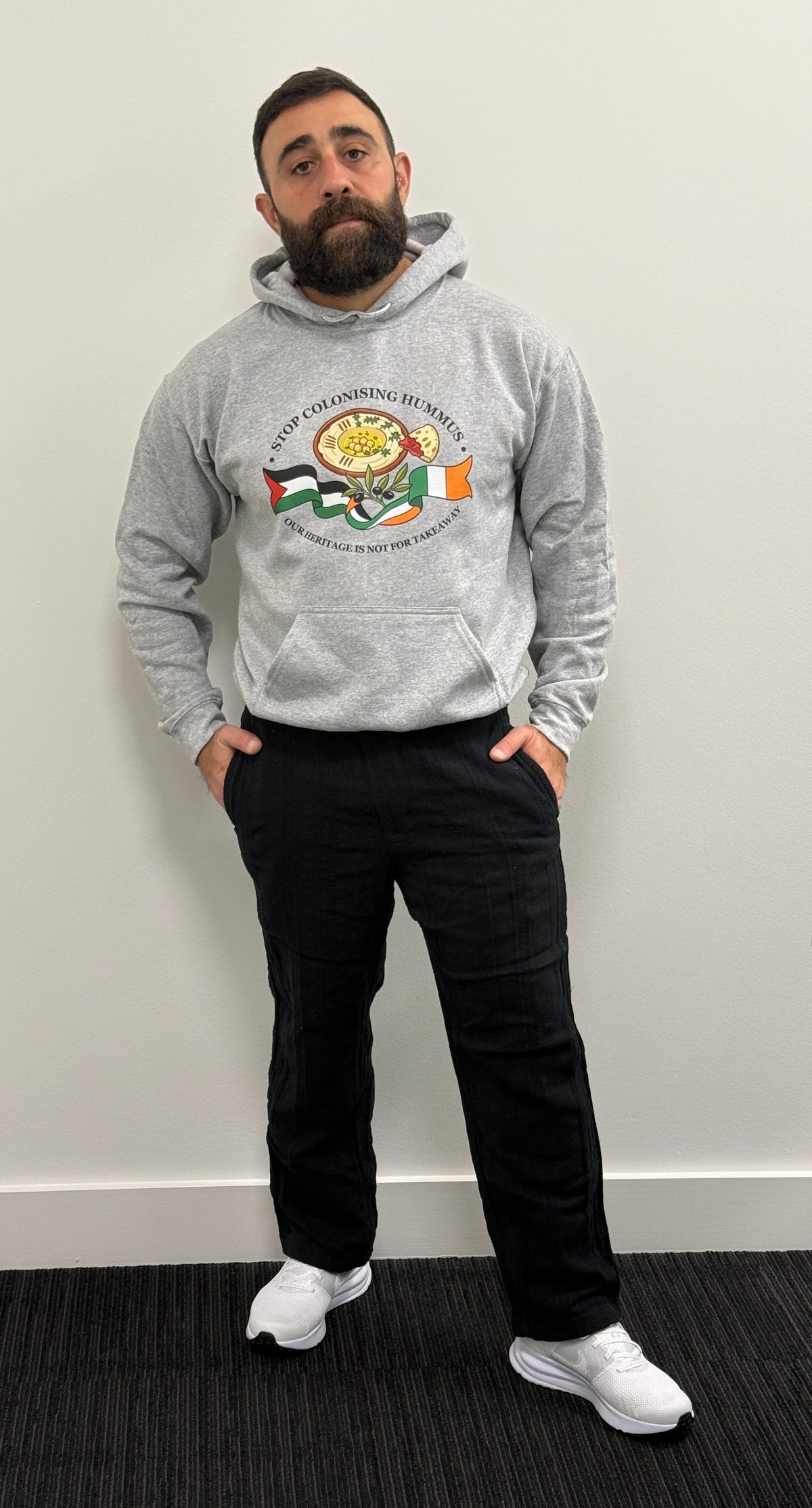 "Stop Colonising Hummus" Hoodie | Heritage Not For Takeaway | Green & Gray