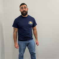 "Stop Colonising Hummus" T-Shirt | Heritage Not For Takeaway | Navy & Gray