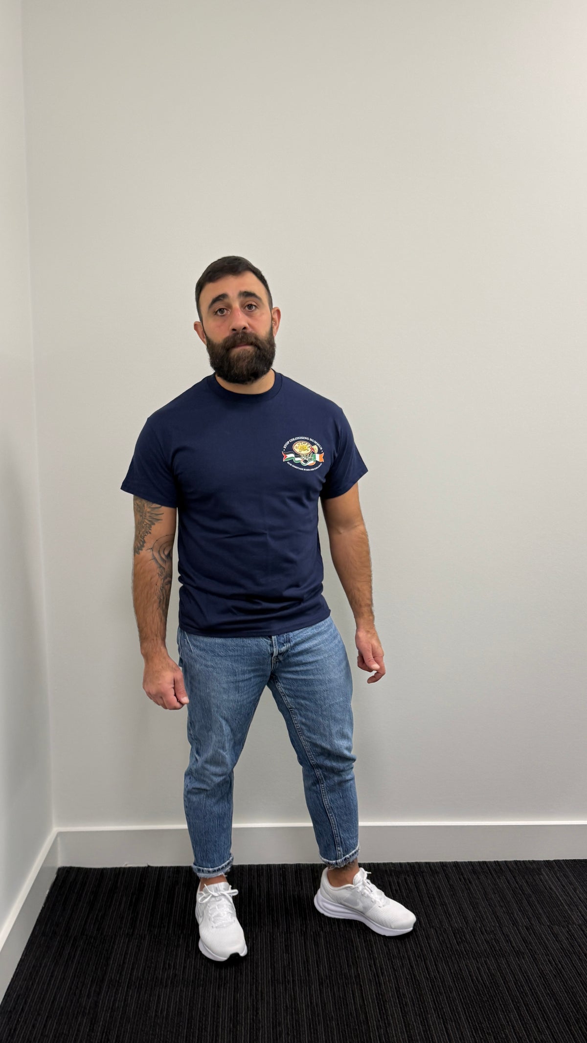 "Stop Colonising Hummus" T-Shirt | Heritage Not For Takeaway | Navy & Gray
