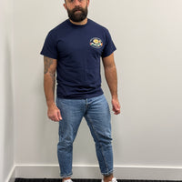 "Stop Colonising Hummus" T-Shirt | Heritage Not For Takeaway | Navy & Gray