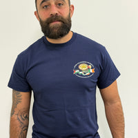 "Stop Colonising Hummus" T-Shirt | Heritage Not For Takeaway | Navy & Gray