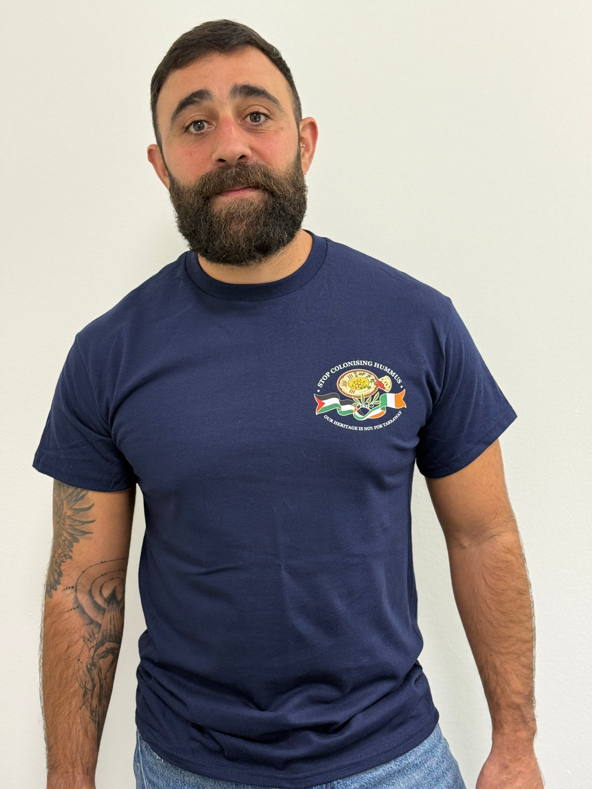 "Stop Colonising Hummus" T-Shirt | Heritage Not For Takeaway | Navy & Gray
