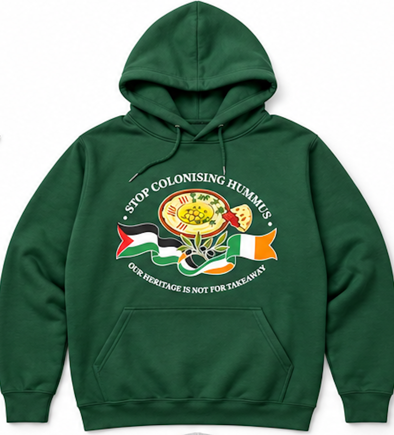 "Stop Colonising Hummus" Hoodie | Heritage Not For Takeaway | Green & Gray