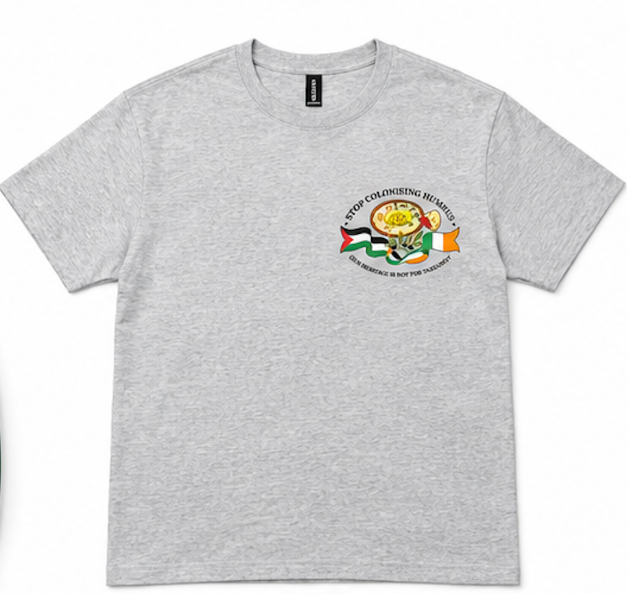 "Stop Colonising Hummus" T-Shirt | Heritage Not For Takeaway | Navy & Gray