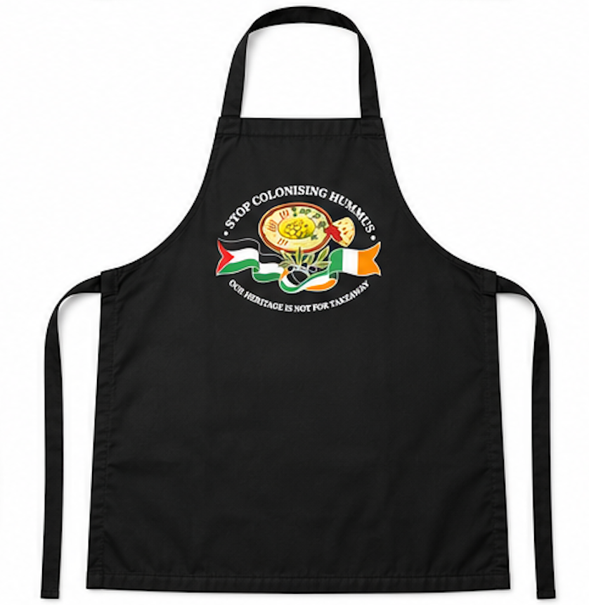 "Stop Colonising Hummus" Apron | Heritage Not For Takeaway | Black Bib Apron