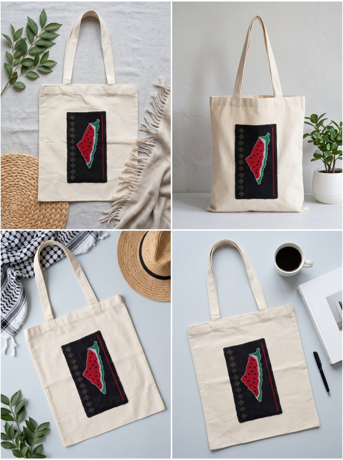 Handcrafted Palestine Map Cross-Stitch Tote Bag - Izz Cafe