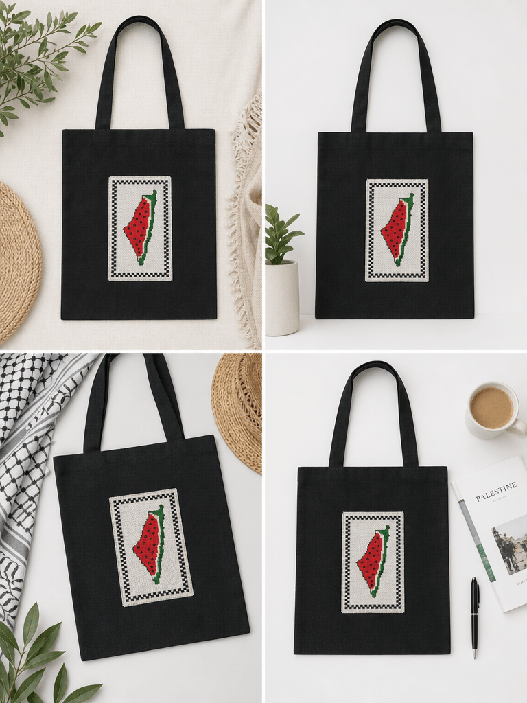 Handcrafted Palestine Map Cross-Stitch Tote Bag - Izz Cafe