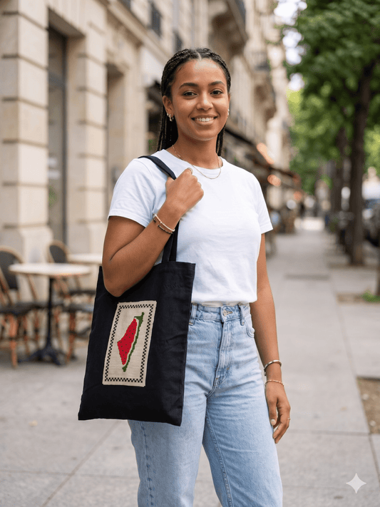 Handcrafted Palestine Map Cross-Stitch Tote Bag - Izz Cafe