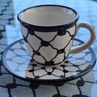 Handcrafted Palestinian Ceramic Espresso Cup & Saucer – Keffiyeh Pattern - Izz Cafe