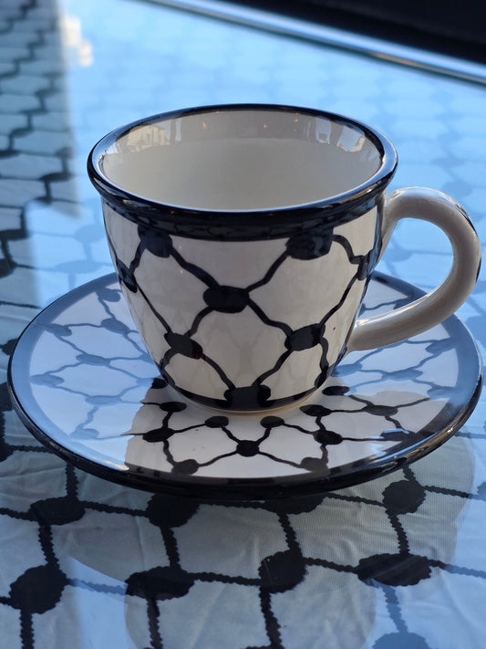 Handcrafted Palestinian Ceramic Espresso Cup & Saucer – Keffiyeh Pattern - Izz Cafe
