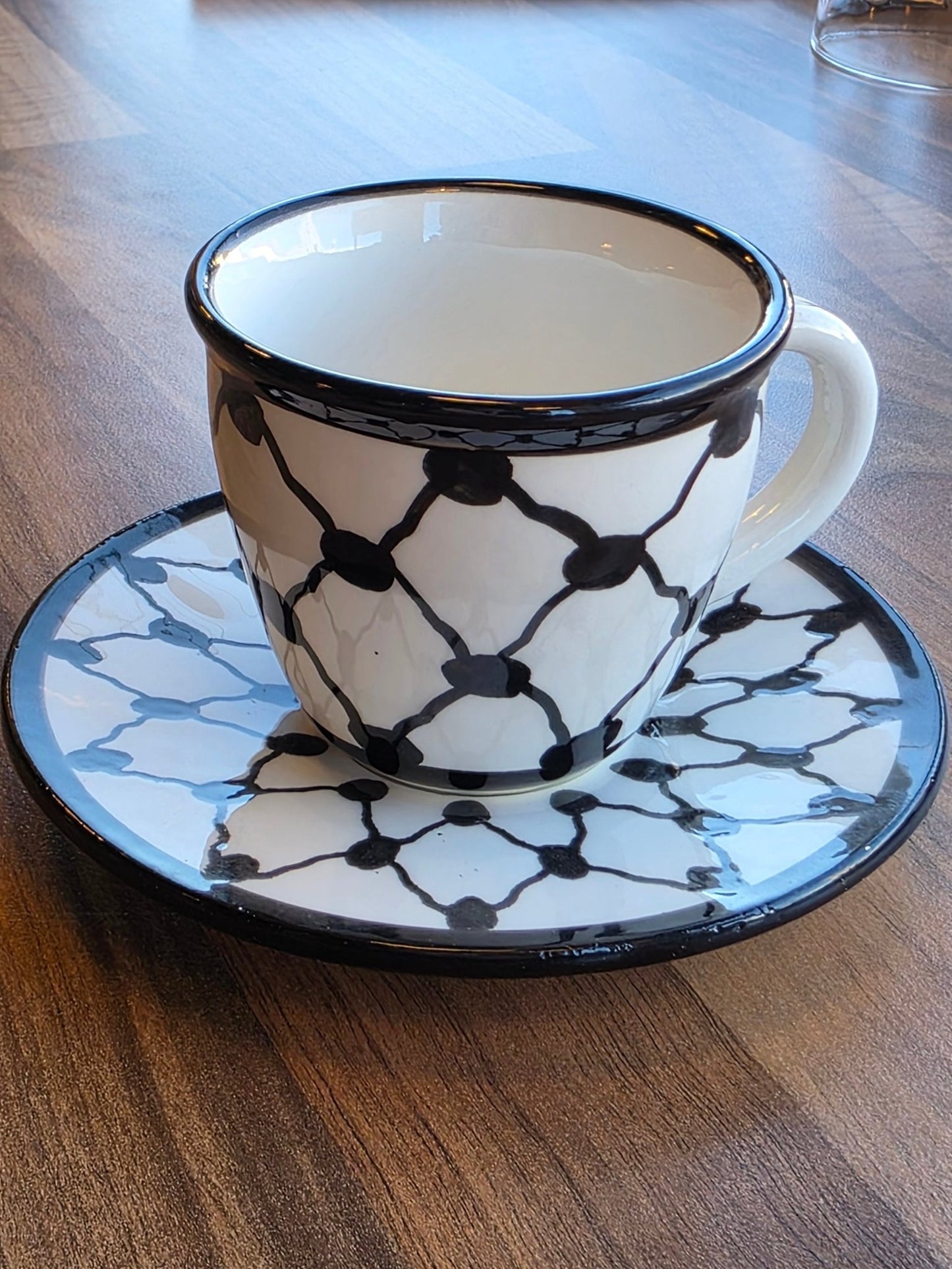 Handcrafted Palestinian Ceramic Espresso Cup & Saucer – Keffiyeh Pattern - Izz Cafe