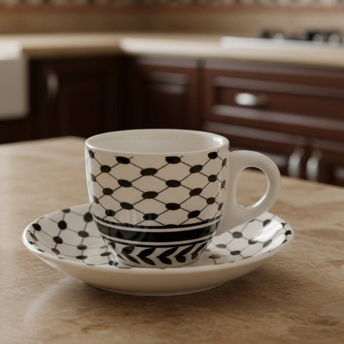 Izz Cafe Exclusive: Palestinian Keffiyeh Ceramic Izzpresso Cup & Saucer Set (100ml) - Izz Cafe