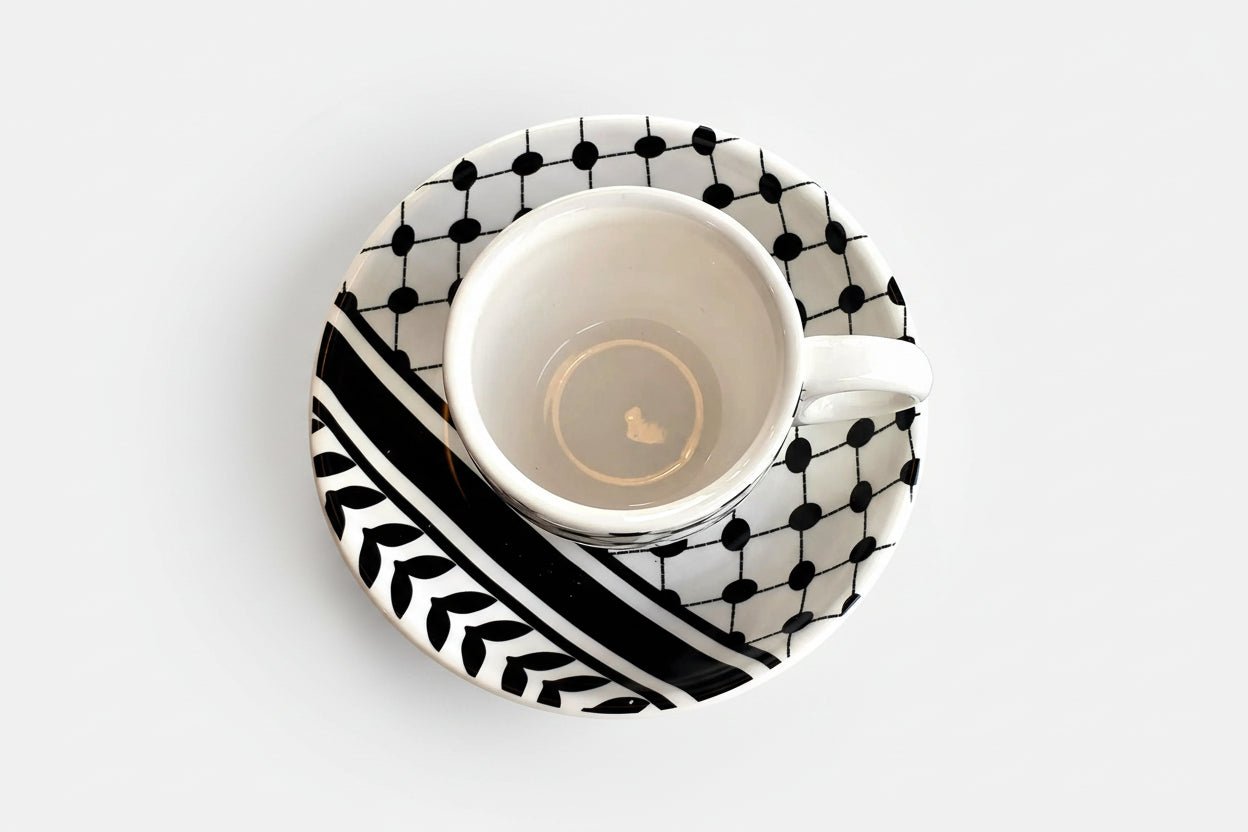 Izz Cafe Exclusive: Palestinian Keffiyeh Ceramic Izzpresso Cup & Saucer Set (100ml) - Izz Cafe