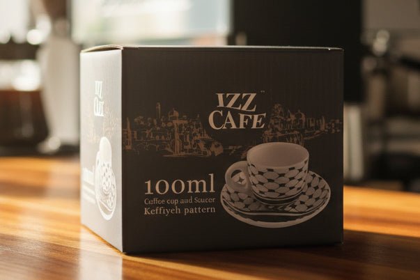 Izz Cafe Exclusive: Palestinian Keffiyeh Ceramic Izzpresso Cup & Saucer Set (100ml) - Izz Cafe