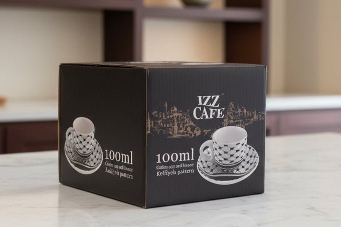 Izz Cafe Exclusive: Palestinian Keffiyeh Ceramic Izzpresso Cup & Saucer Set (100ml) - Izz Cafe