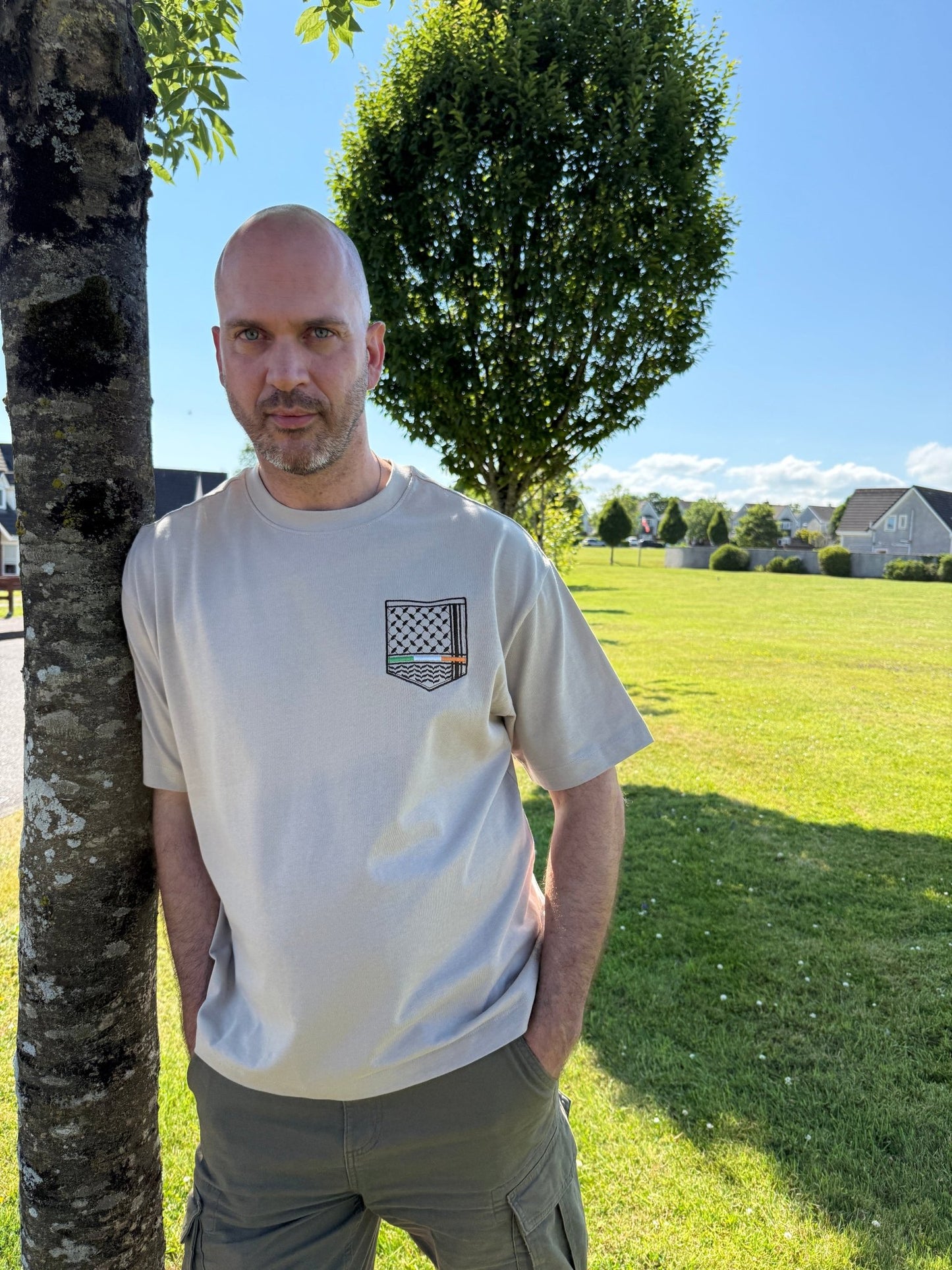 Keffiyeh & The Irish Tricolour Embroidered T‑Shirt – Premium Heavyweight Organic Cotton, Boxy Oversized Fit (Unisex) - Izz Cafe