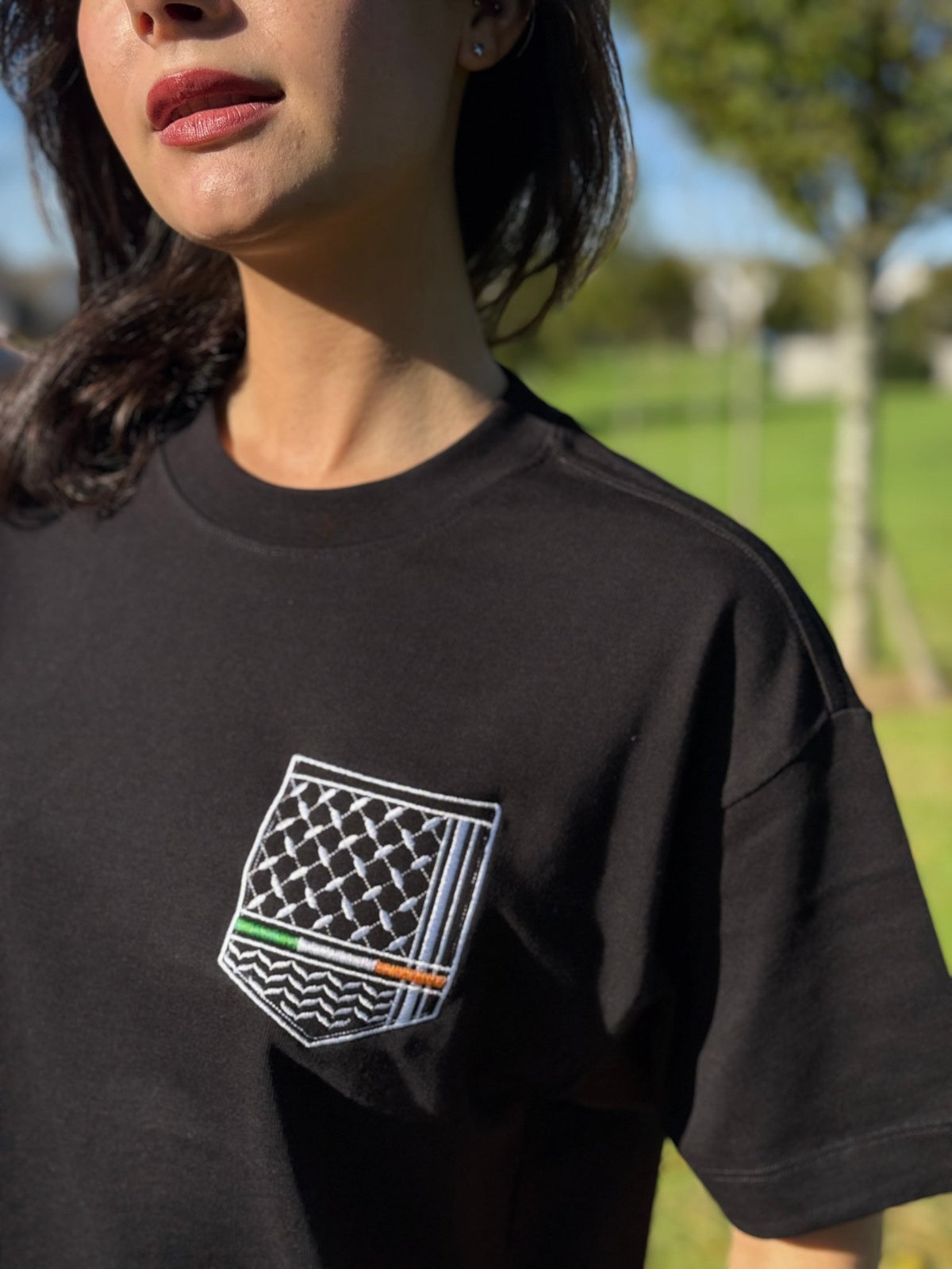Keffiyeh & The Irish Tricolour Embroidered T‑Shirt – Premium Heavyweight Organic Cotton, Boxy Oversized Fit (Unisex) - Izz Cafe
