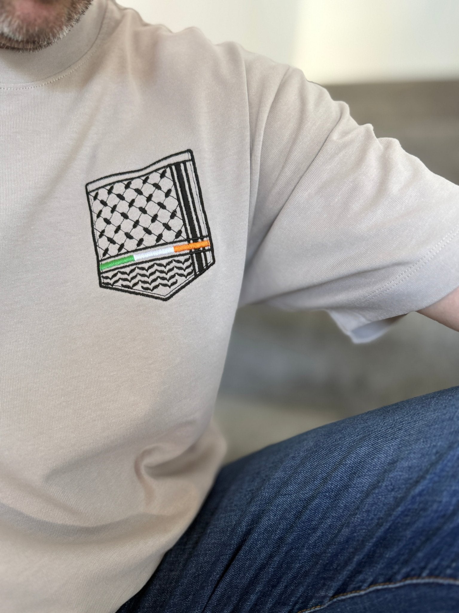 Keffiyeh & The Irish Tricolour Embroidered T‑Shirt – Premium Heavyweight Organic Cotton, Boxy Oversized Fit (Unisex) - Izz Cafe