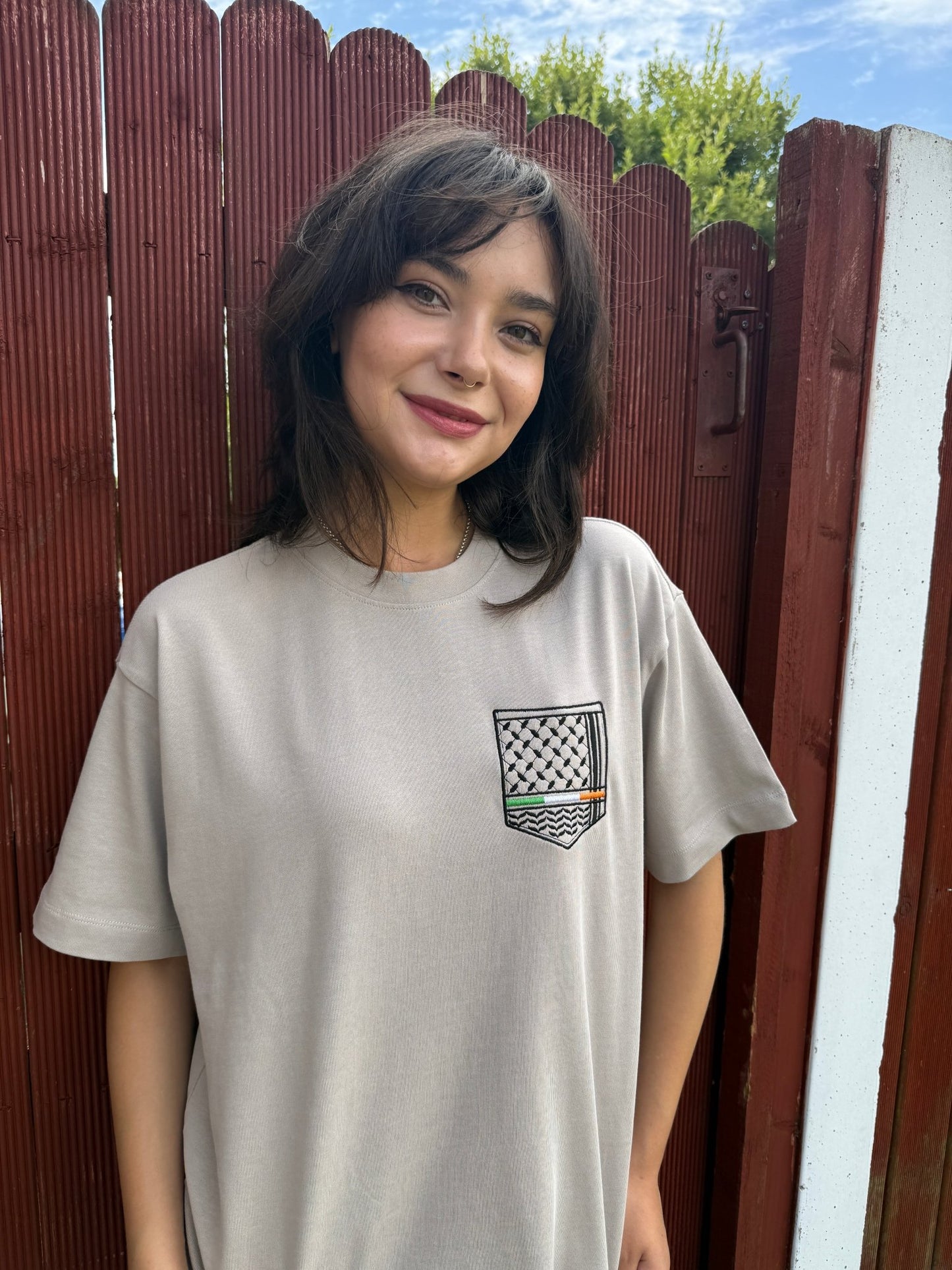 Keffiyeh & The Irish Tricolour Embroidered T‑Shirt – Premium Heavyweight Organic Cotton, Boxy Oversized Fit (Unisex) - Izz Cafe