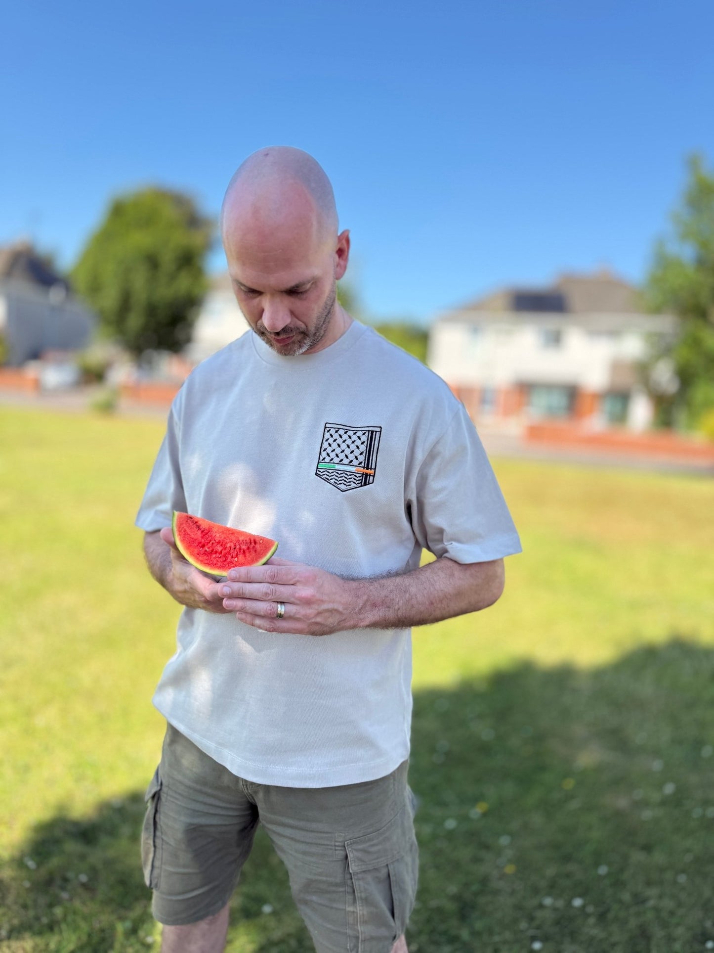 Keffiyeh & The Irish Tricolour Embroidered T‑Shirt – Premium Heavyweight Organic Cotton, Boxy Oversized Fit (Unisex) - Izz Cafe