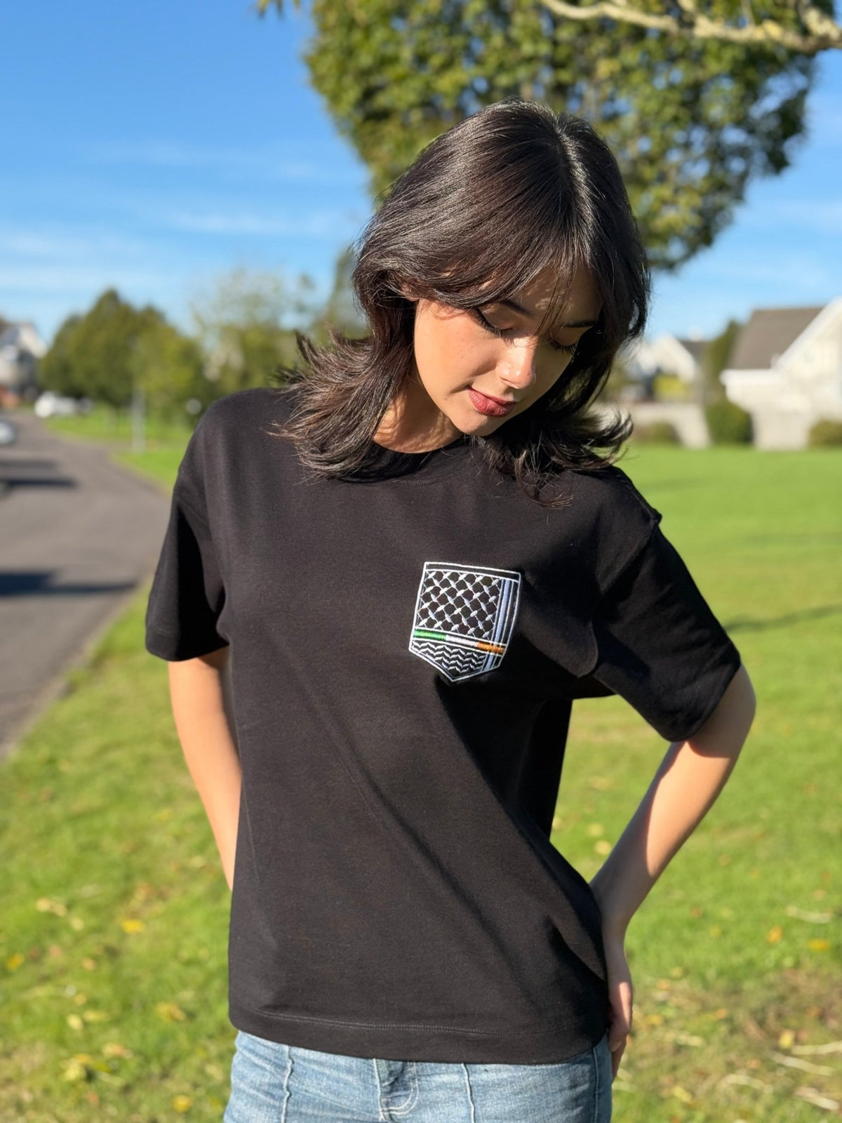 Keffiyeh & The Irish Tricolour Embroidered T‑Shirt – Premium Heavyweight Organic Cotton, Boxy Oversized Fit (Unisex) - Izz Cafe