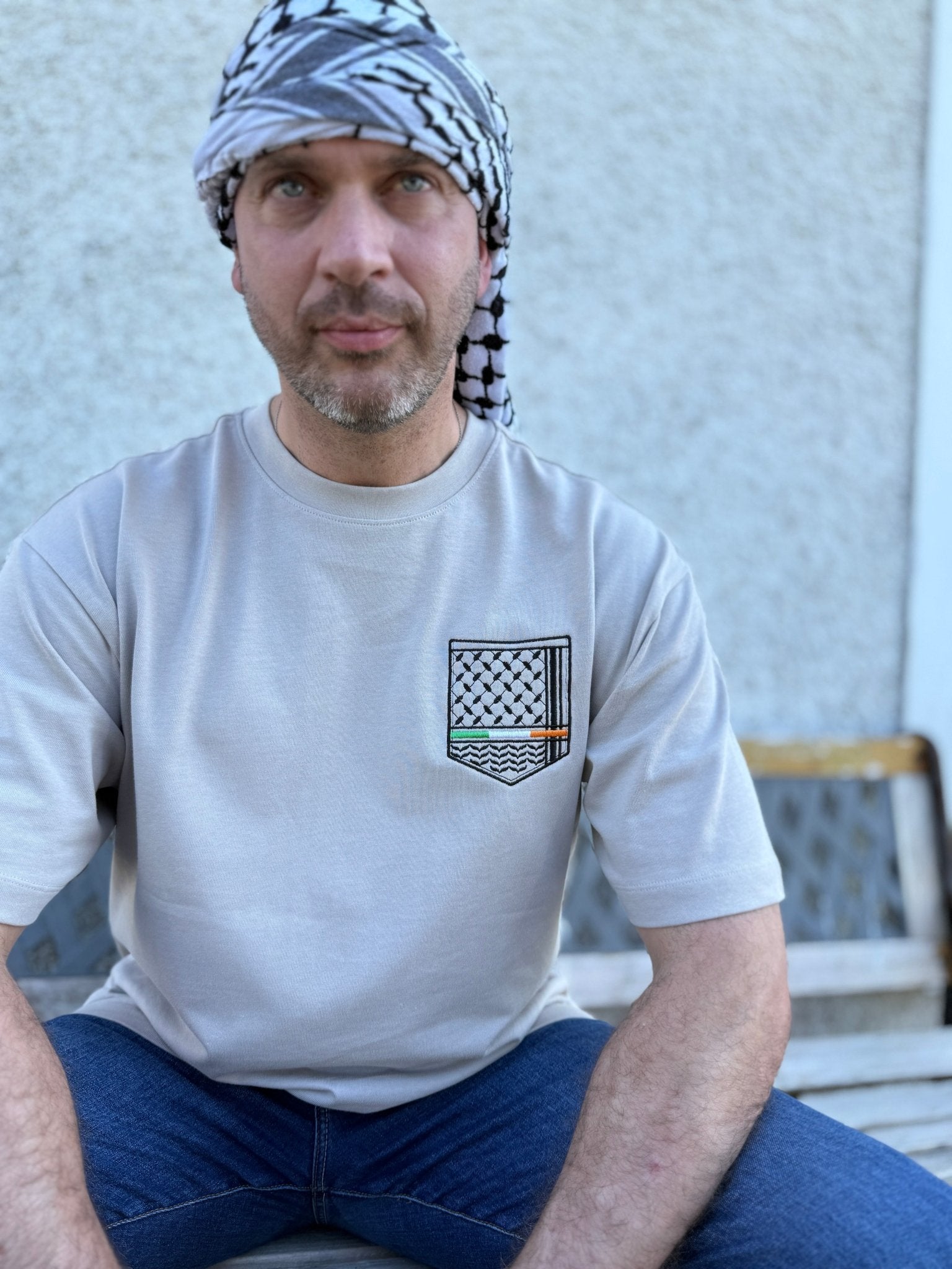 Keffiyeh & The Irish Tricolour Embroidered T‑Shirt – Premium Heavyweight Organic Cotton, Boxy Oversized Fit (Unisex) - Izz Cafe