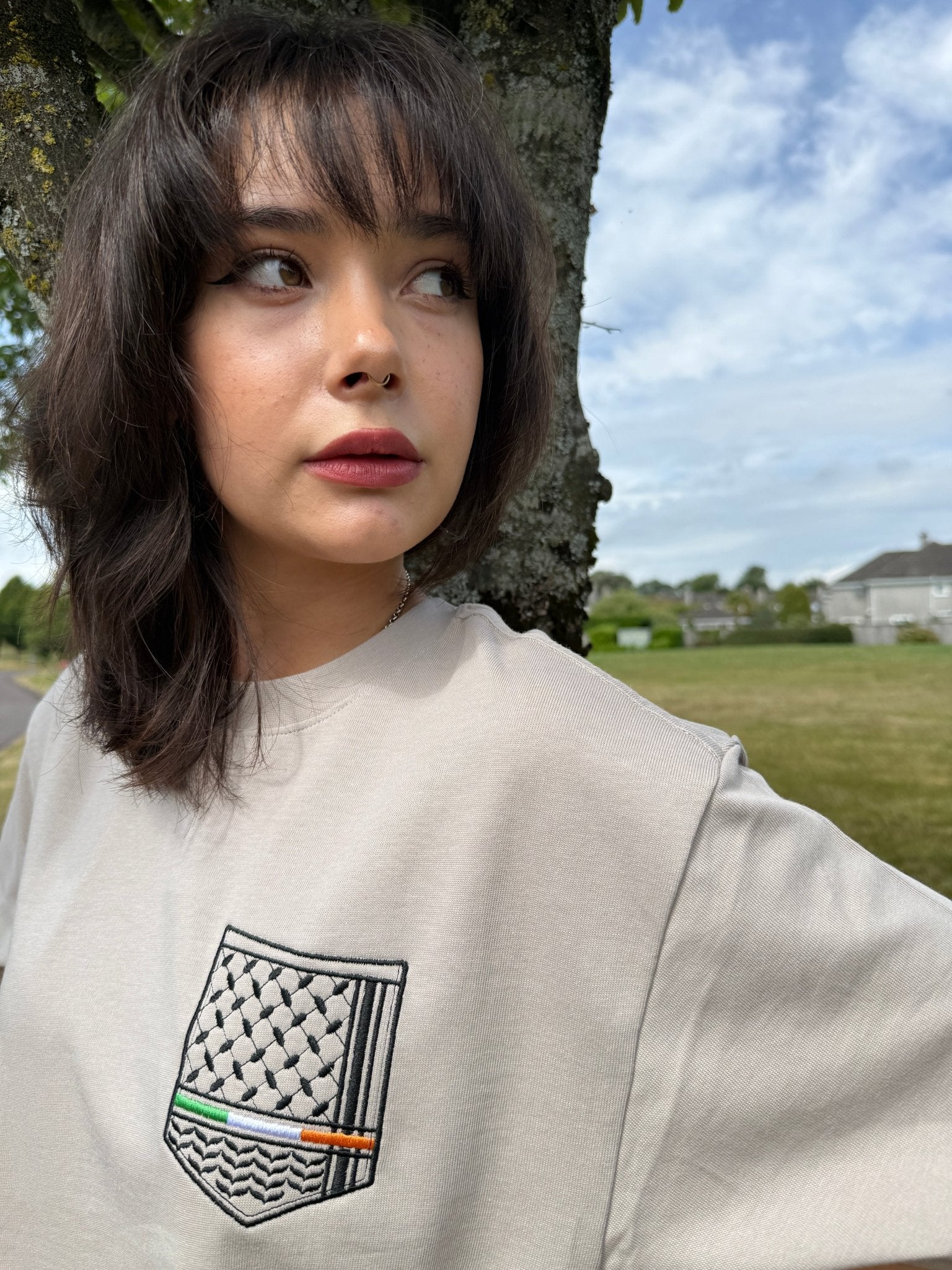 Keffiyeh & The Irish Tricolour Embroidered T‑Shirt – Premium Heavyweight Organic Cotton, Boxy Oversized Fit (Unisex) - Izz Cafe