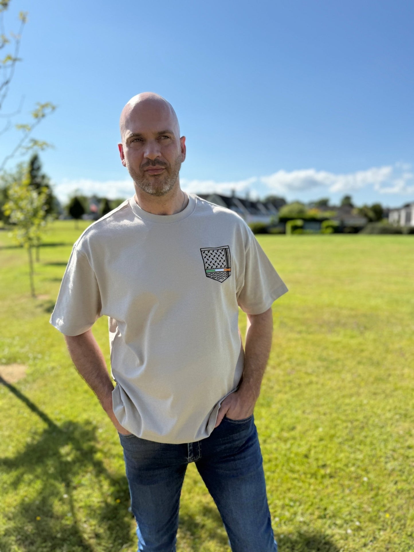 Keffiyeh & The Irish Tricolour Embroidered T‑Shirt – Premium Heavyweight Organic Cotton, Boxy Oversized Fit (Unisex) - Izz Cafe