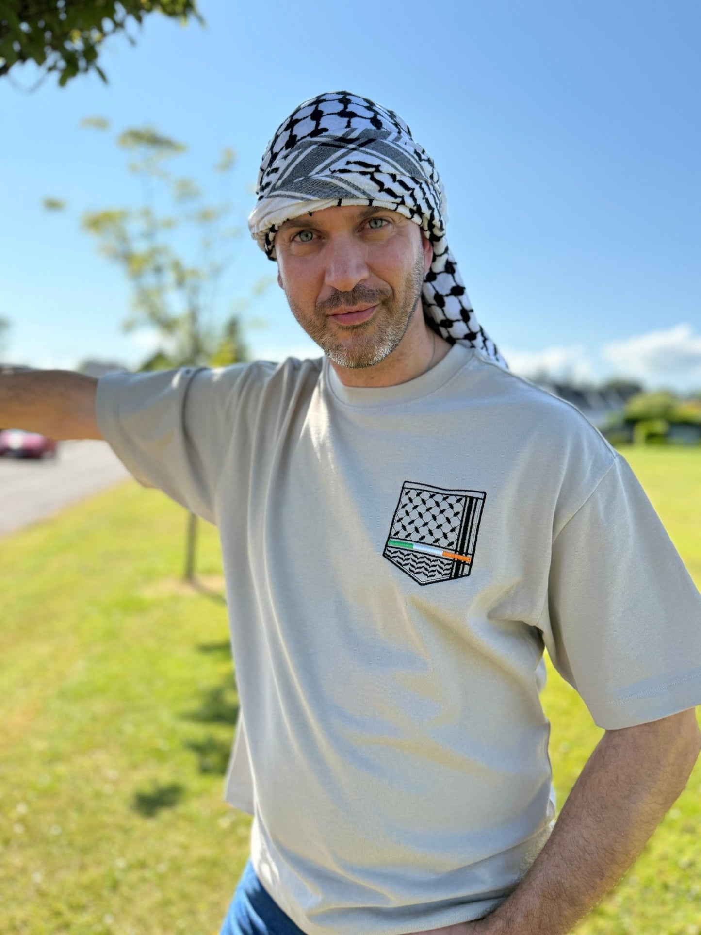 Keffiyeh & The Irish Tricolour Embroidered T‑Shirt – Premium Heavyweight Organic Cotton, Boxy Oversized Fit (Unisex) - Izz Cafe
