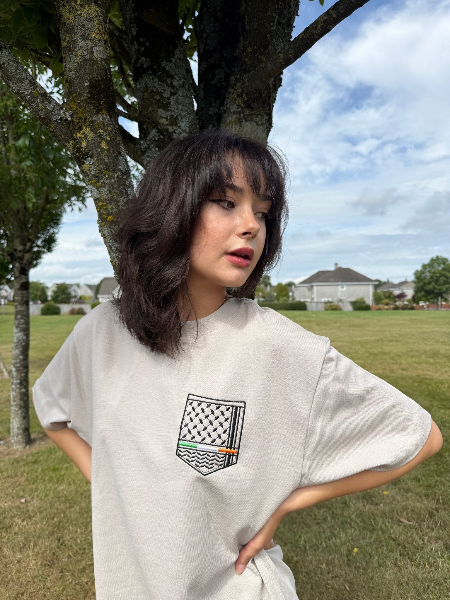 Keffiyeh & The Irish Tricolour Embroidered T‑Shirt – Premium Heavyweight Organic Cotton, Boxy Oversized Fit (Unisex) - Izz Cafe