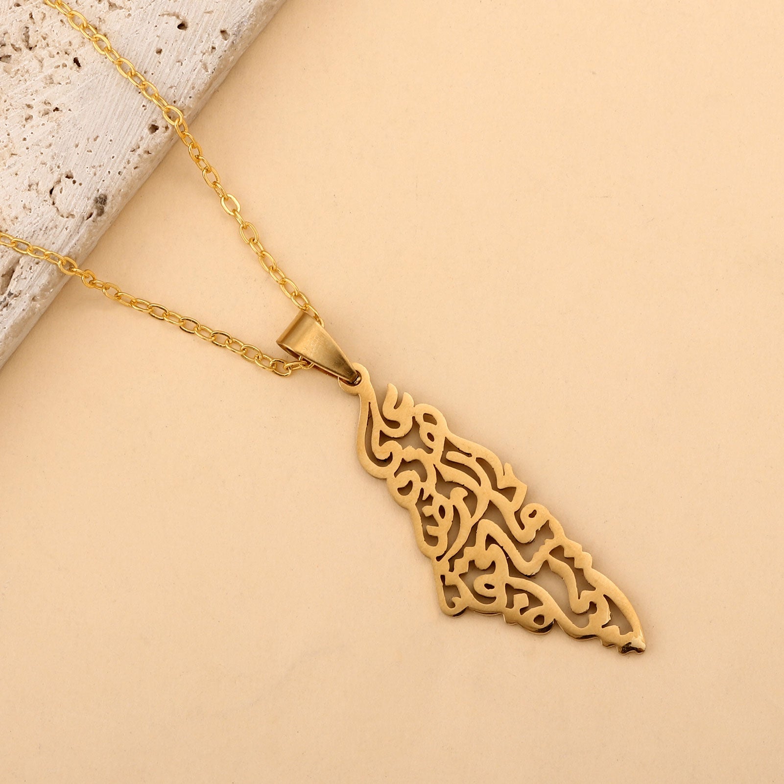 Palestine Map Pendant Necklace for Women and Men - Darweesh Verse, golden colour - Izz Cafe