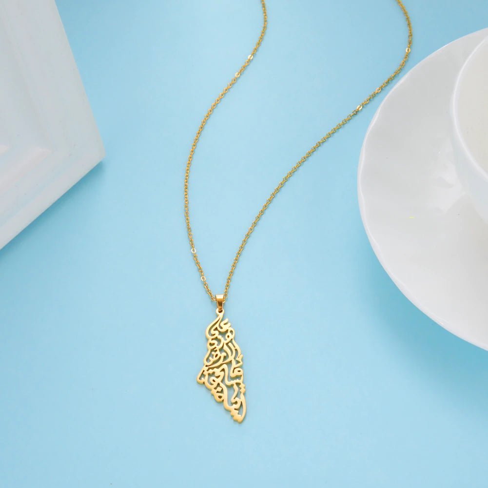 Palestine Map Pendant Necklace for Women and Men - Darweesh Verse, golden colour - Izz Cafe