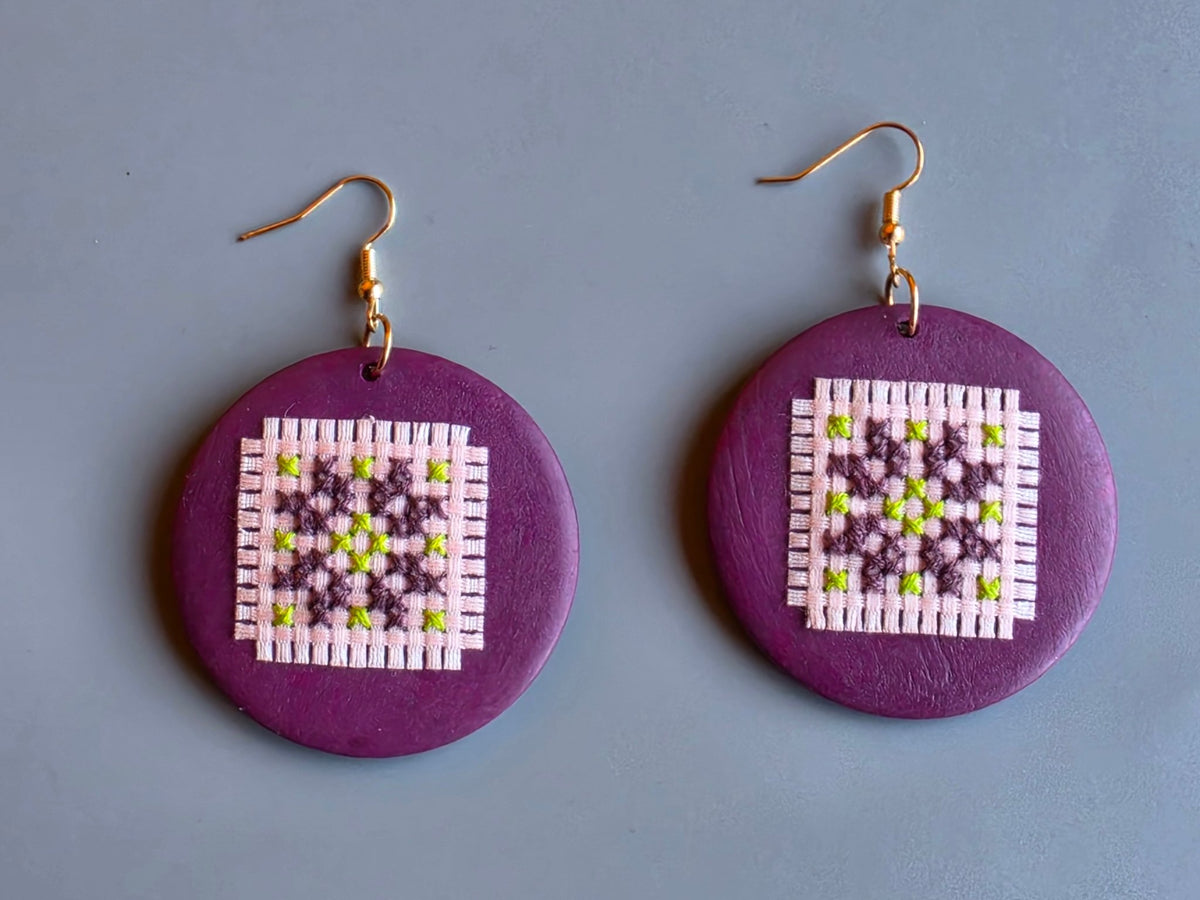 Sabaya Handmade Wooden Cross-Stitch Earrings – Palestinian Tatreez - Izz Cafe