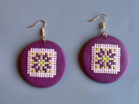 Sabaya Handmade Wooden Cross-Stitch Earrings – Palestinian Tatreez - Izz Cafe